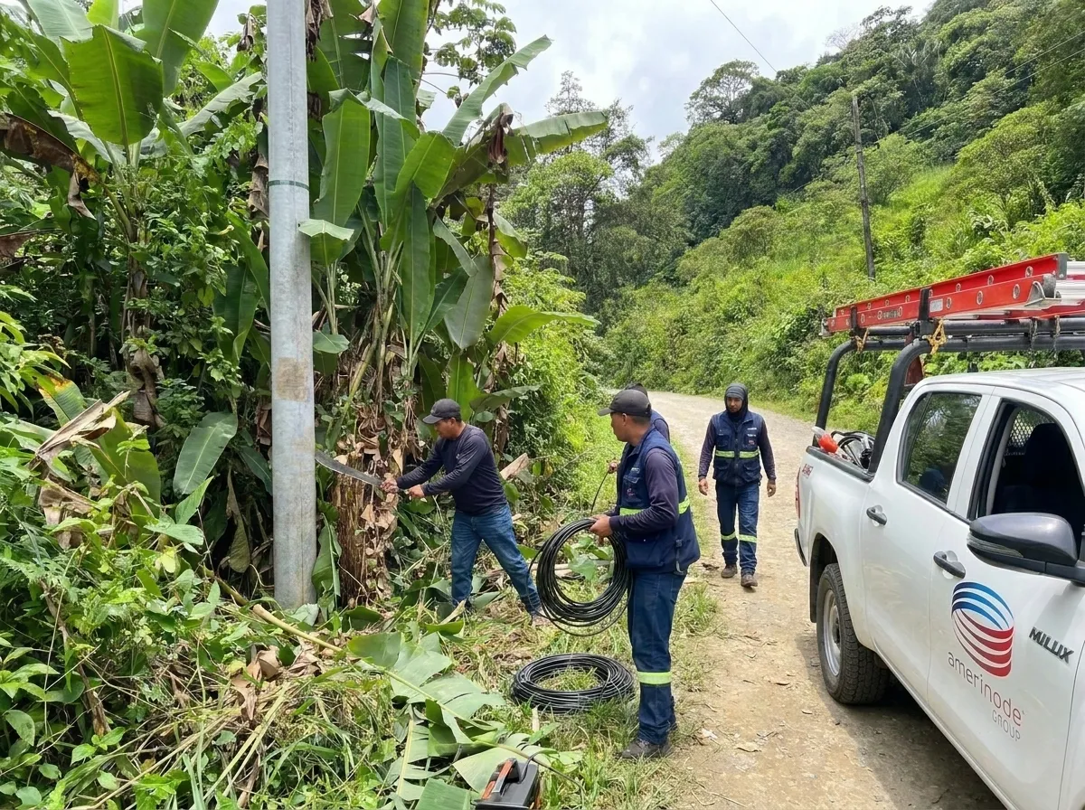 Técnicos de Amerinode realizando mantenimiento de infraestructura de red en campo