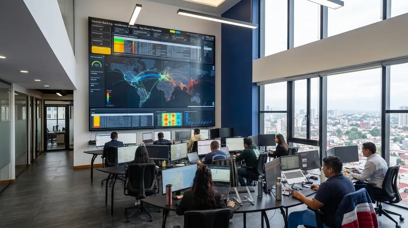 Equipo de soporte de software N3 de Amerinode monitoreando la red en un centro de operaciones