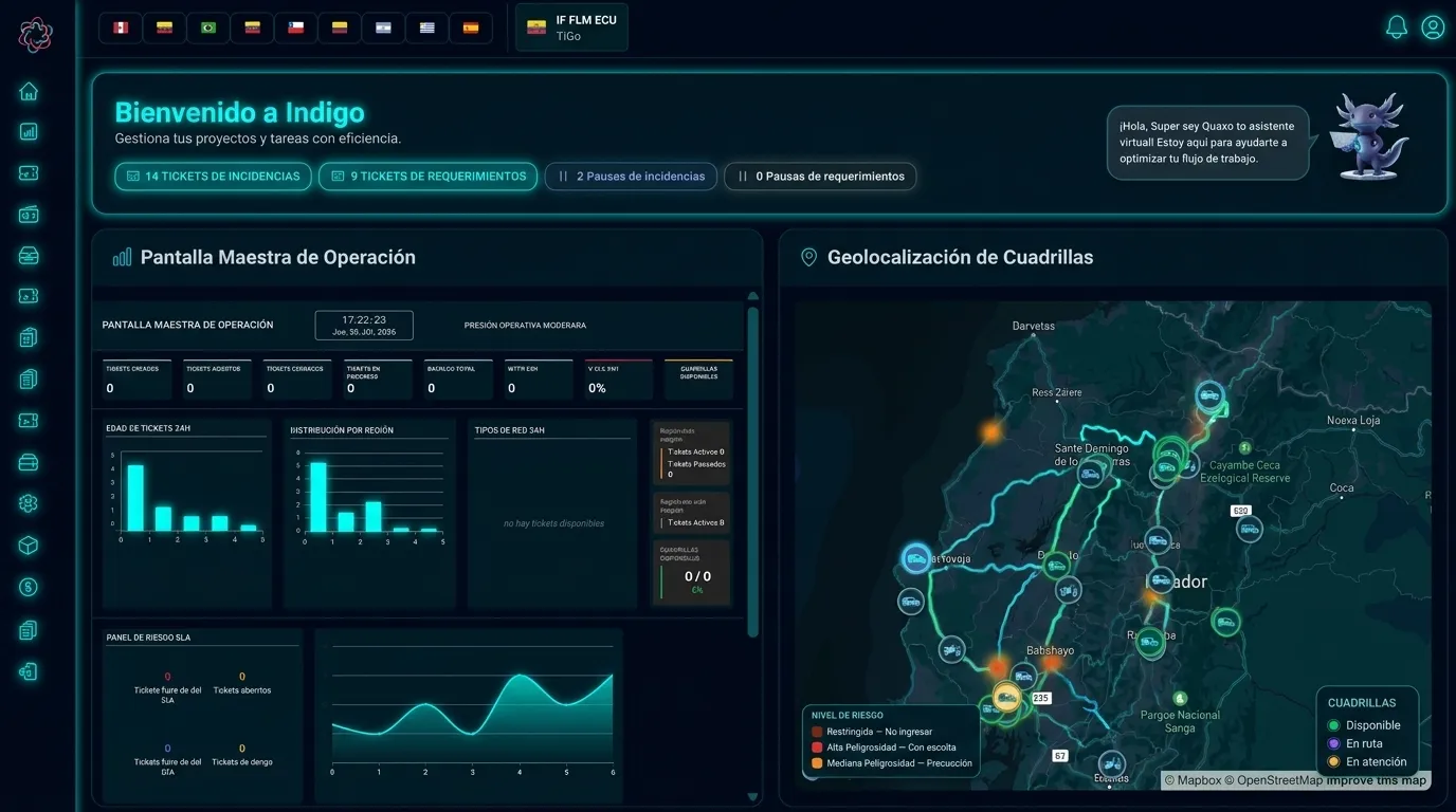 Pantalla maestra de operación y geolocalización de cuadrillas de Indigo