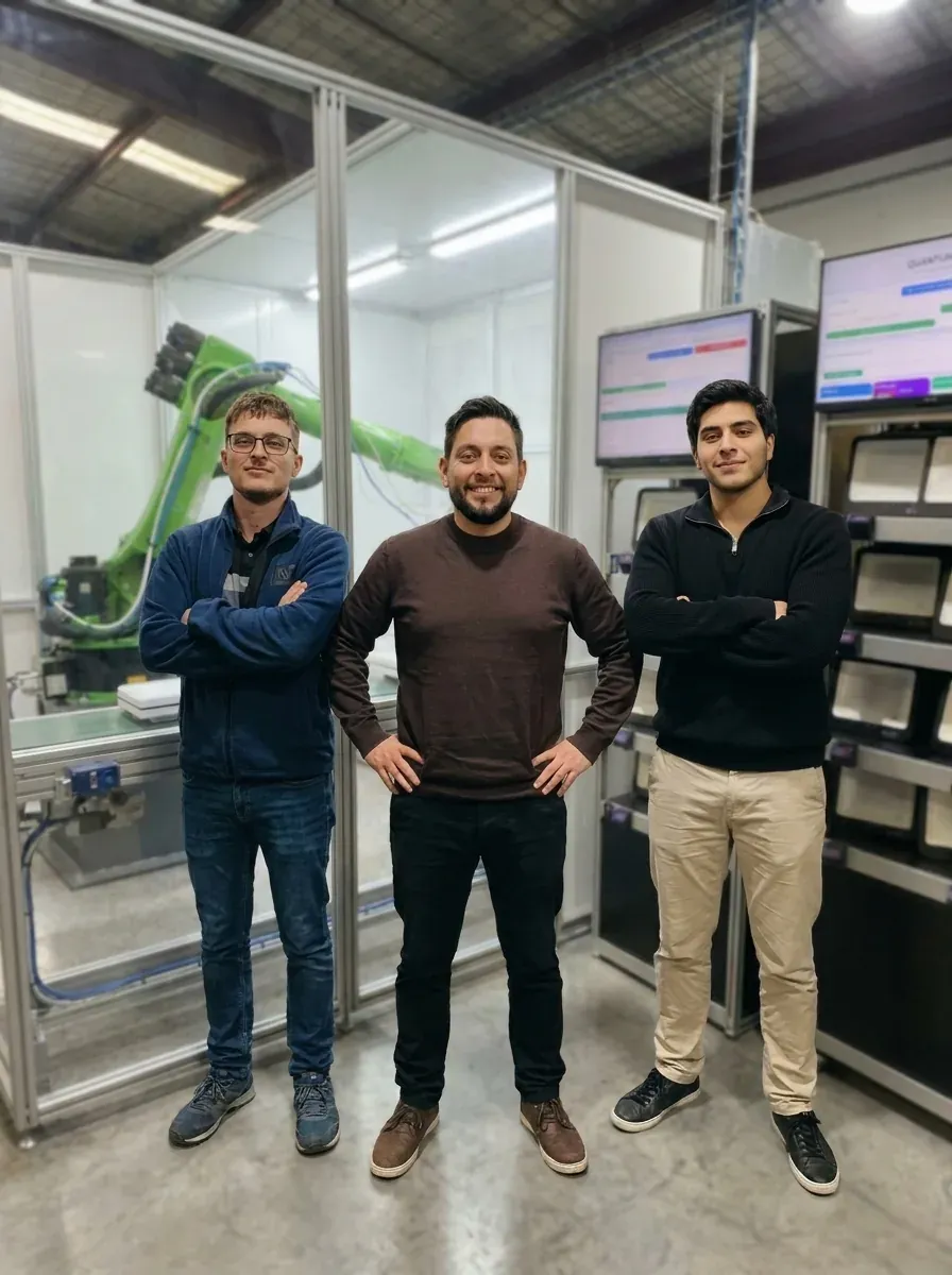 Equipo de Amerinode junto a un brazo robótico en el laboratorio